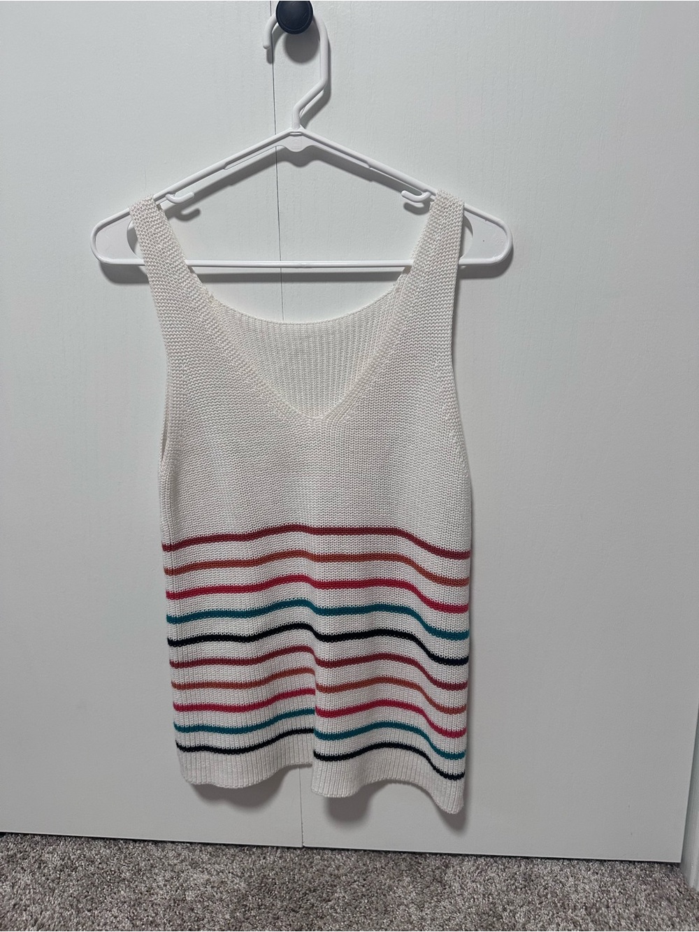 White V-Neck Striped Knit Tank Sweater